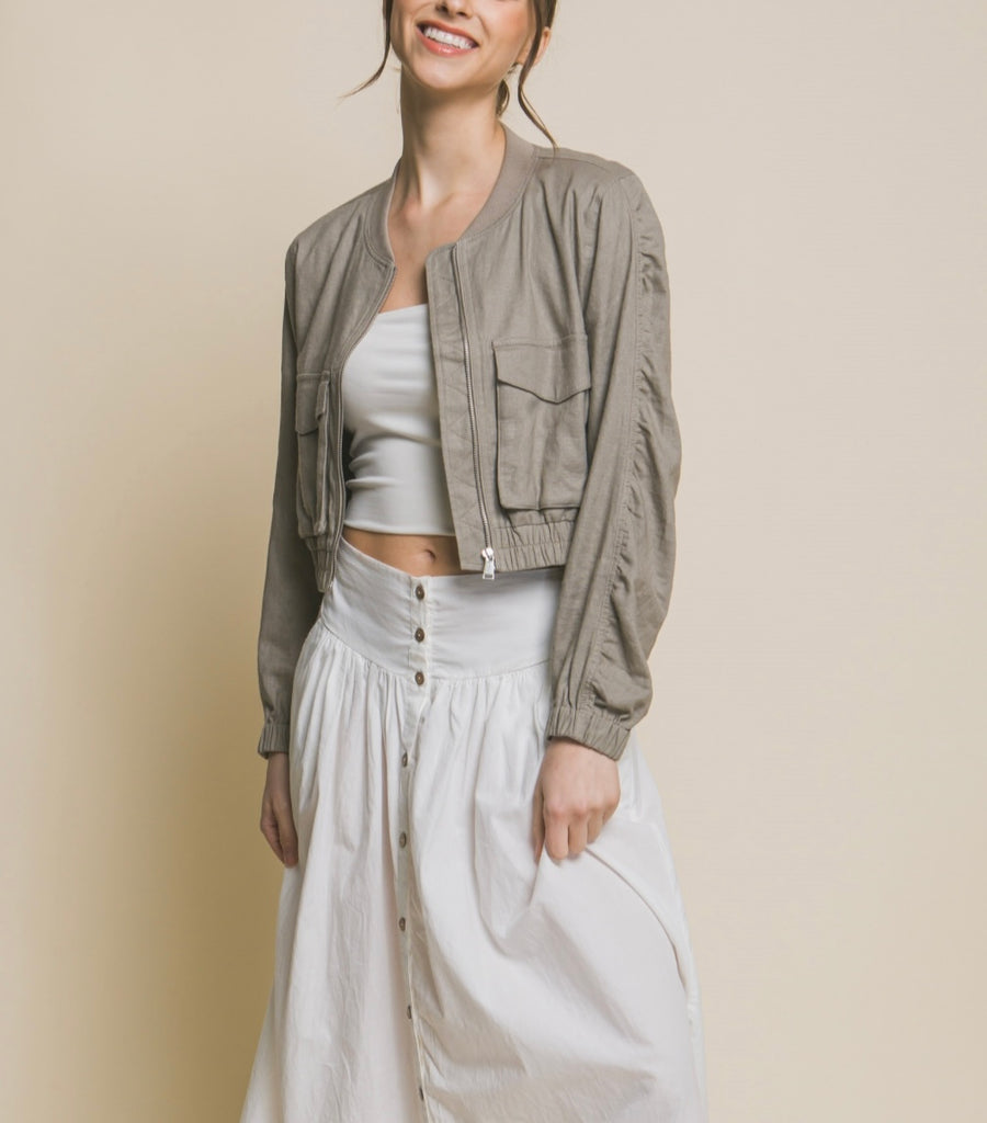 Gray Stone Linen Bomber Jacket