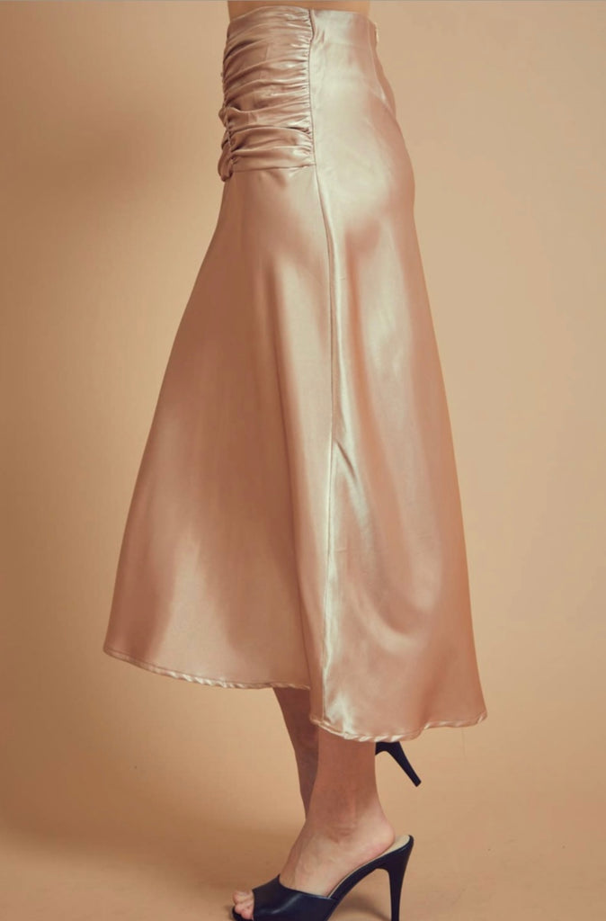 Satin Ruched Midi Skirt