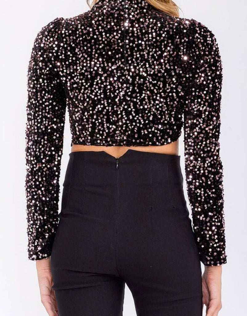 Mock Neck Sequins Crop To