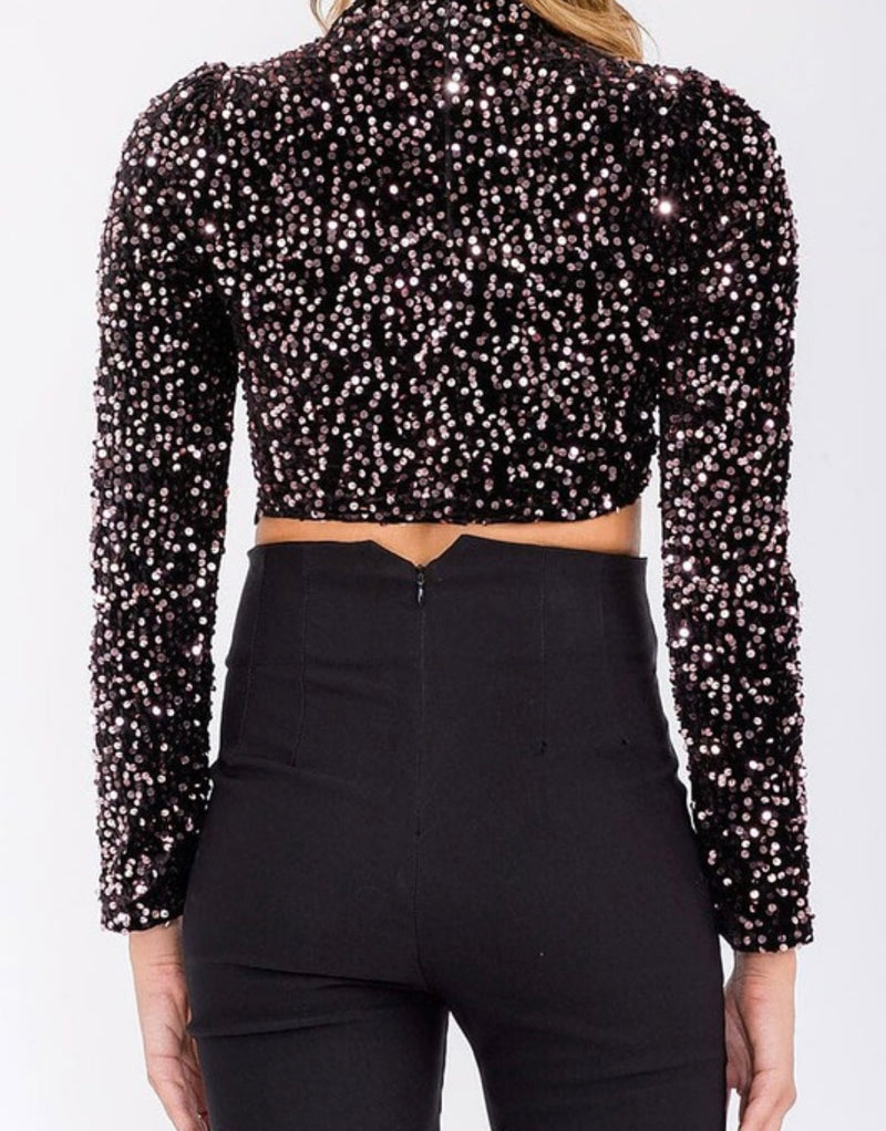 Mock Neck Sequins Crop To