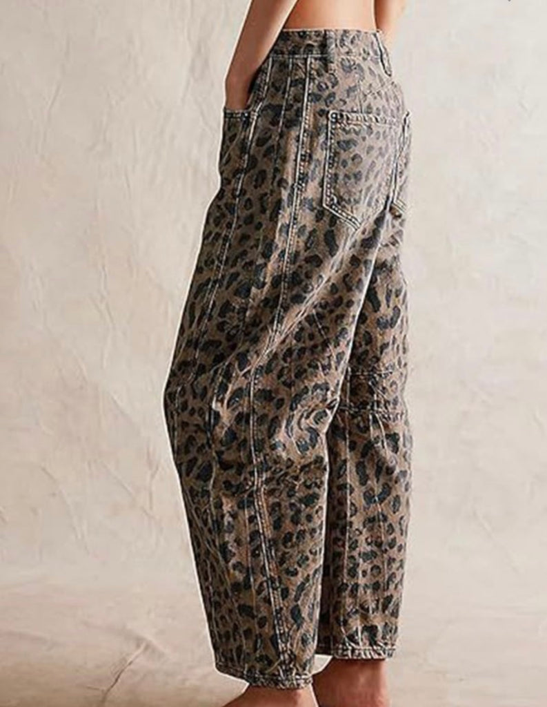 Olive Brown Leopard Barrel Jeans