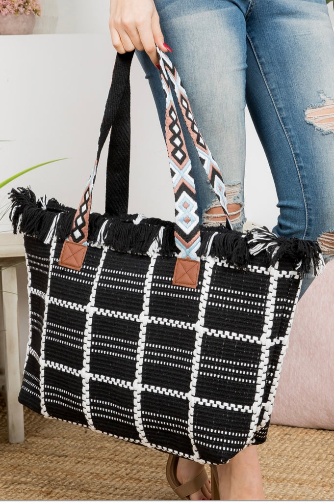 Black and White Guitar Strap Checkered Tote Bag