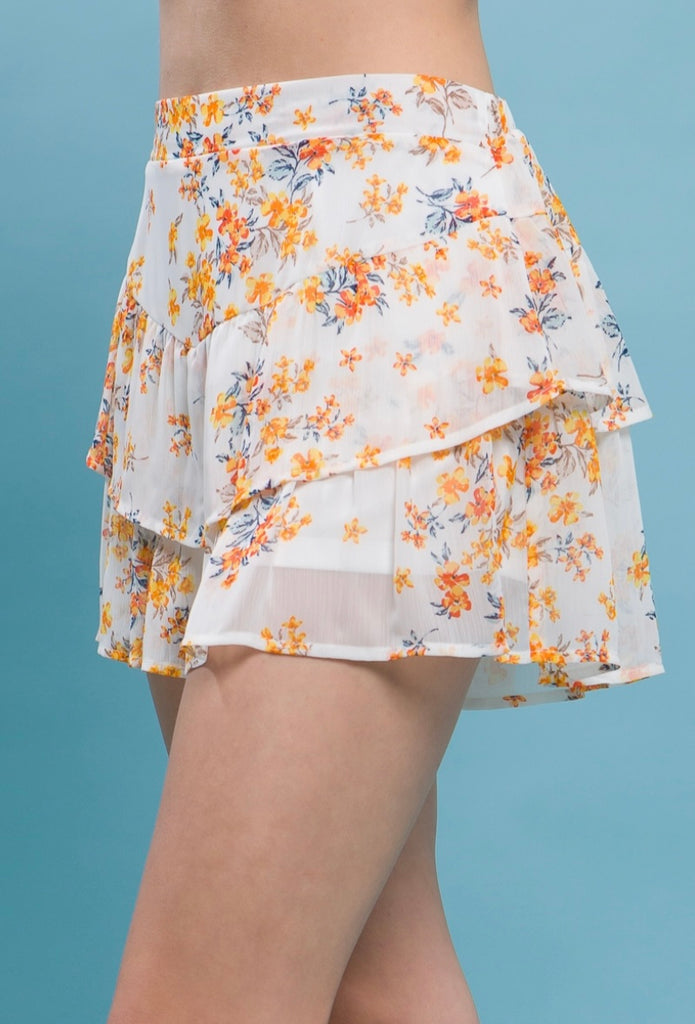 Orange Floral Tiered Skort