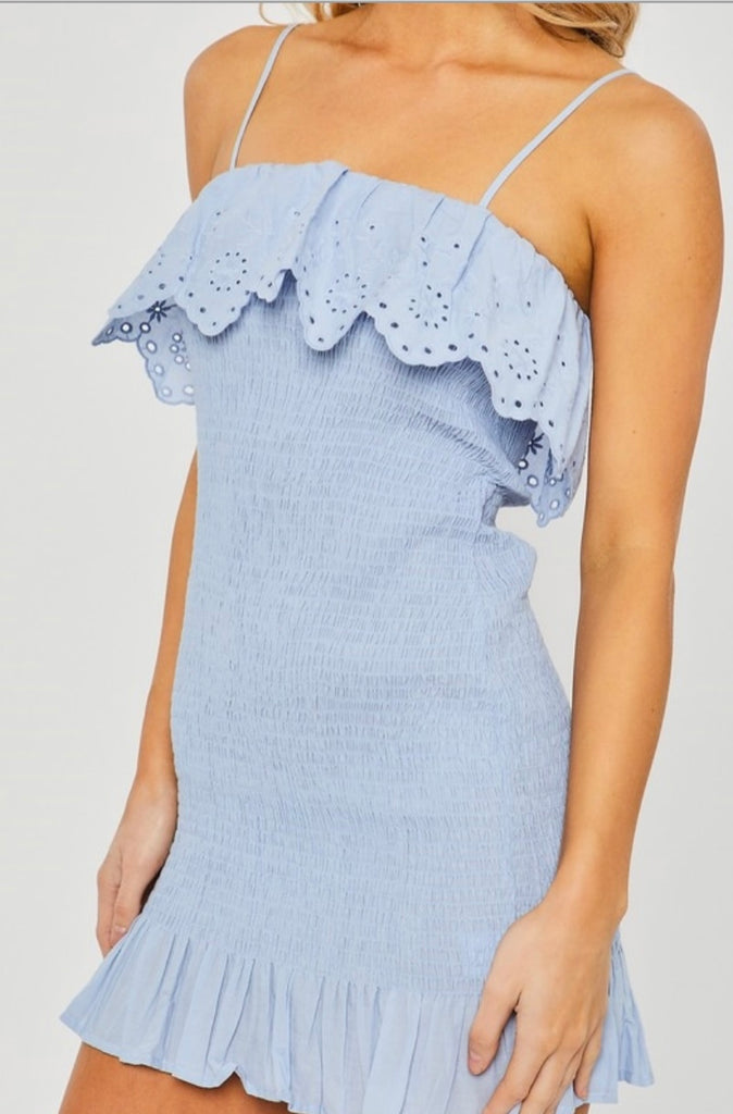 Mini Sky Blue Smocked Ruffle Dress