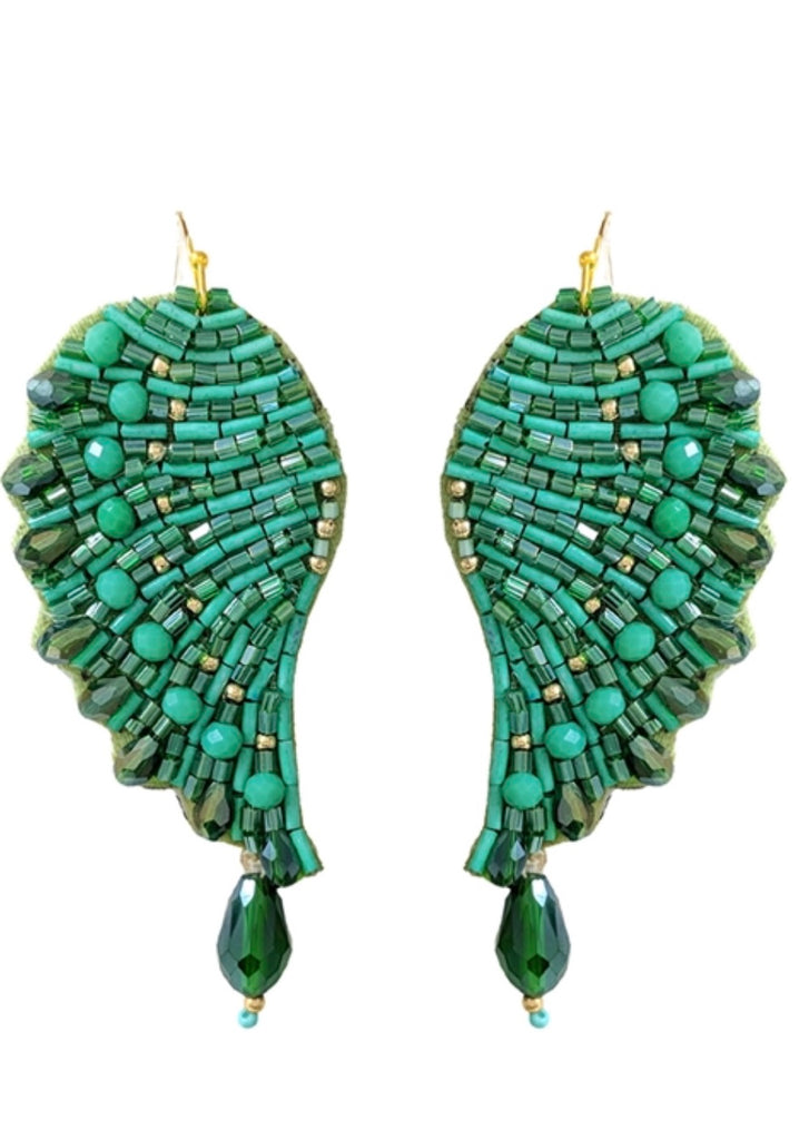 Green Beaded Wing Earrings