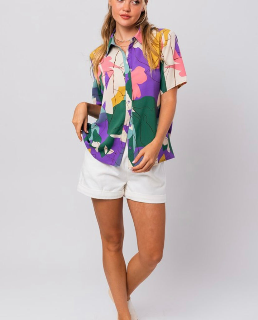 Abstract Purple Mix Button Down Top