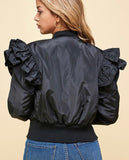 Black Ruffle Shoulder Bomber Jacket