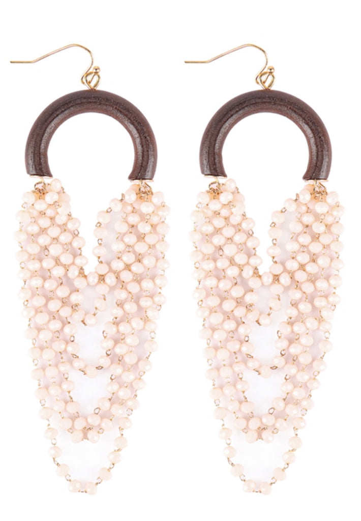 Tiny Pearl Beaded Wood Statement Earrings