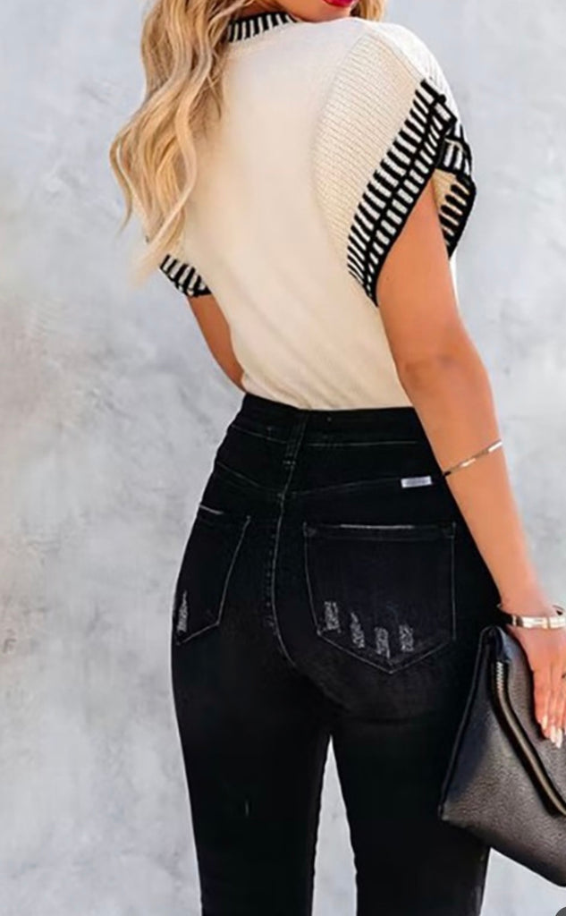 Black and Cream Tiered Knit Top