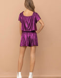 Purple Metallic Ruffle Top Short Set