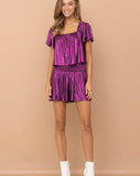 Purple Metallic Ruffle Top Short Set