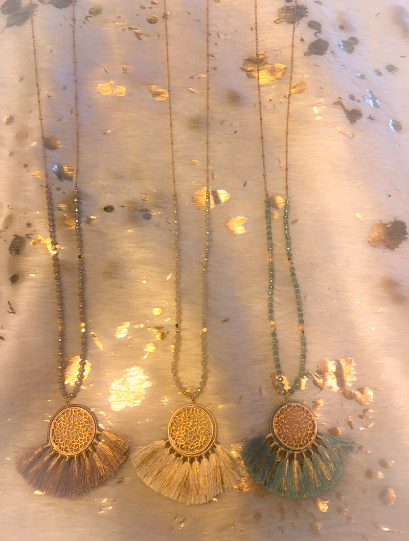 Long Gold Medallion Tassel Necklace