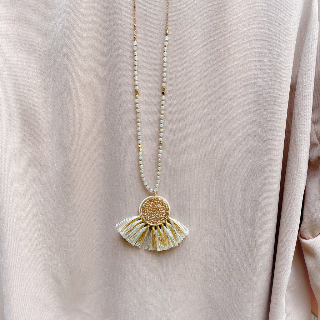 Long Gold Medallion Tassel Necklace