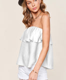 White Strapless Ruffle Silk Top