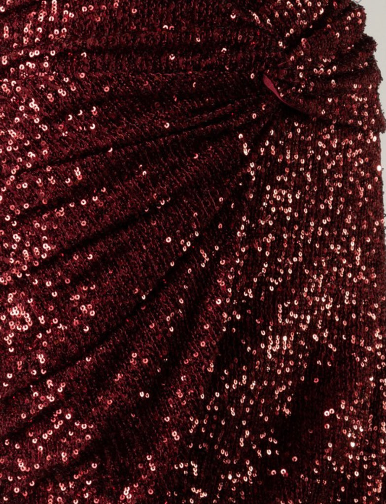 Burgundy Twist Front Sequins Skirt