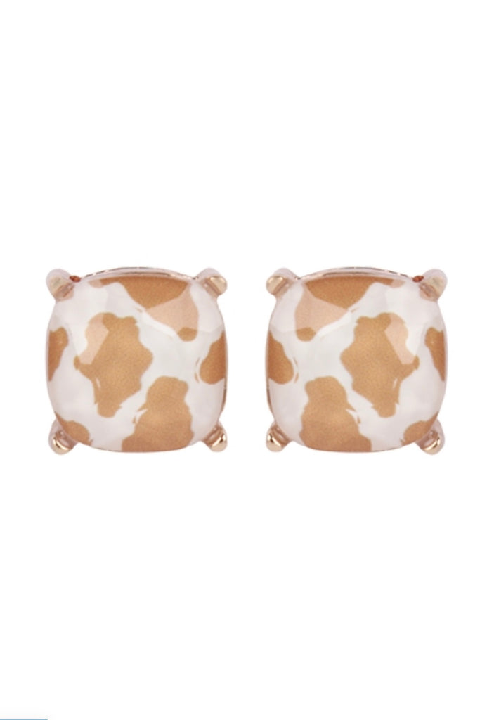 Tan Cow Glass Stud Earrings