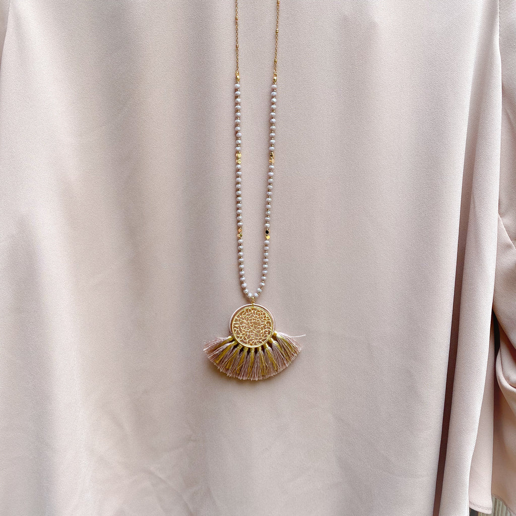 Long Gold Medallion Tassel Necklace