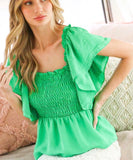 Green Smocked Ruffle Top