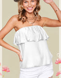White Strapless Ruffle Silk Top