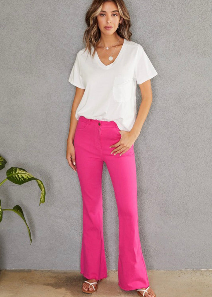 Fuchsia Raw Hem Flare Jeans