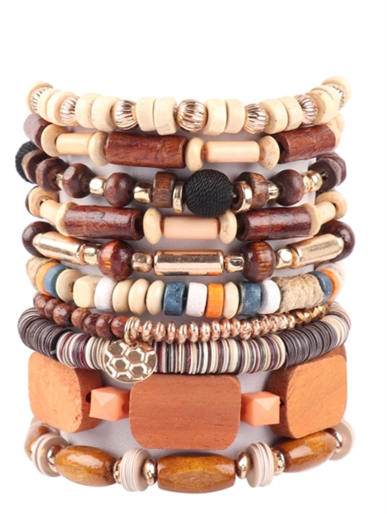 Wood Charm Mix Beads Bracelets Stack