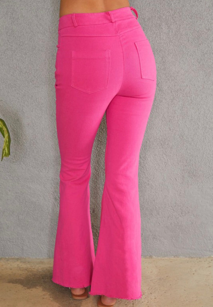Fuchsia Raw Hem Flare Jeans