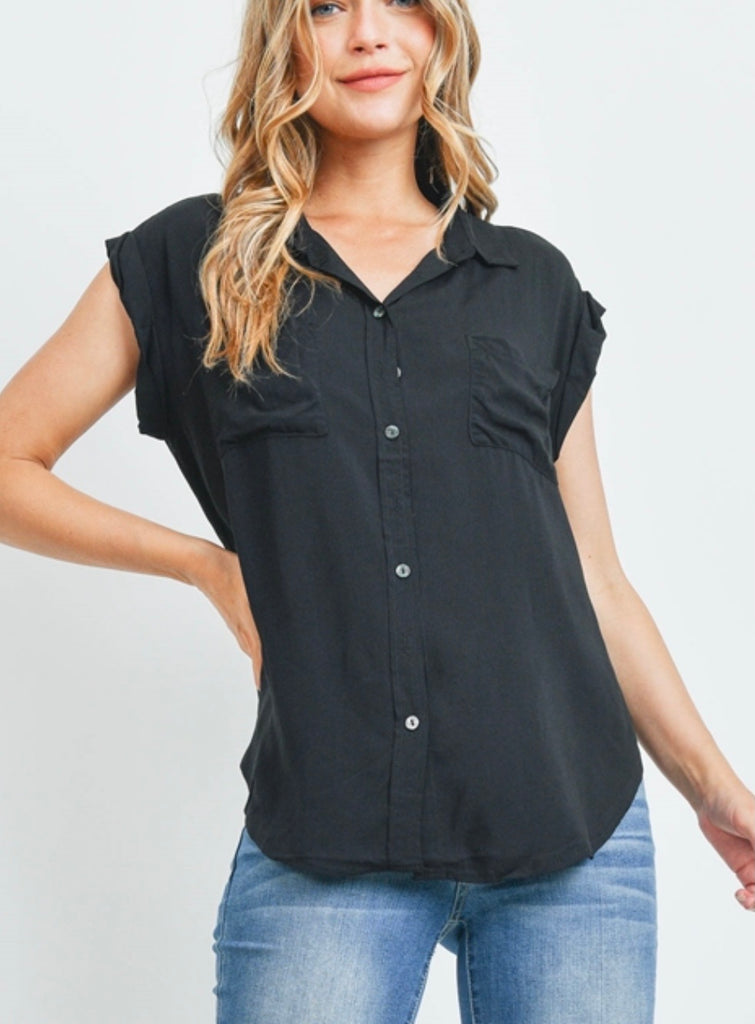Button Down Collar Sleeveless Top