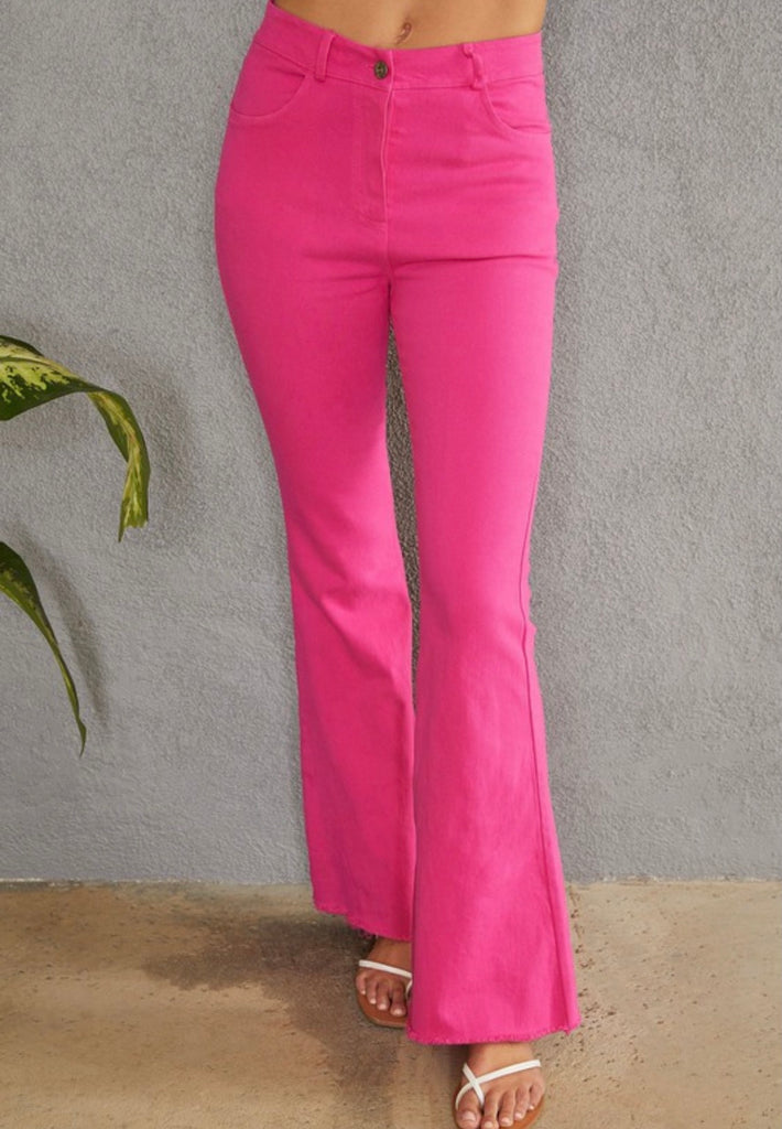 Fuchsia Raw Hem Flare Jeans