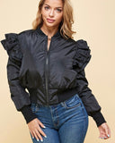 Black Ruffle Shoulder Bomber Jacket