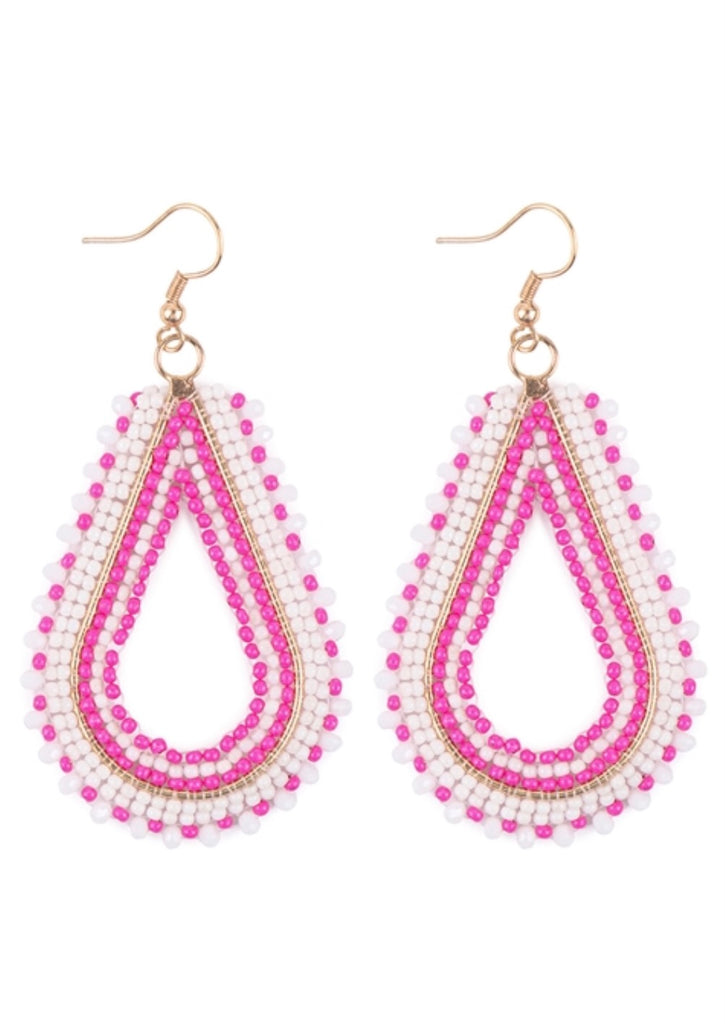 Hot Pink Teardrop Beaded Earrings
