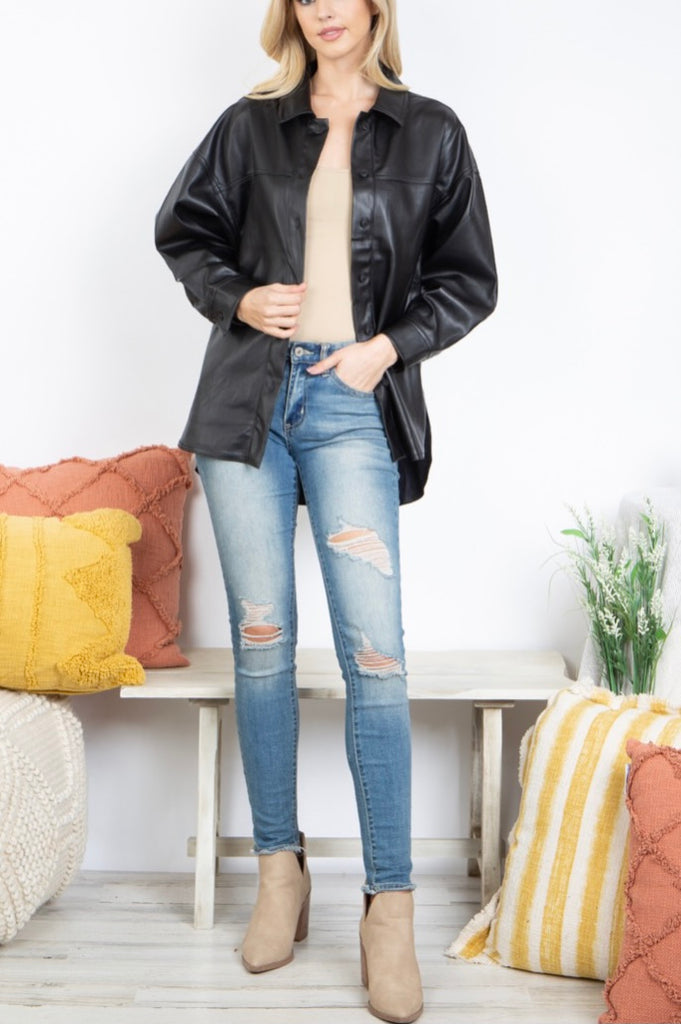 Black Leather Button Shacket