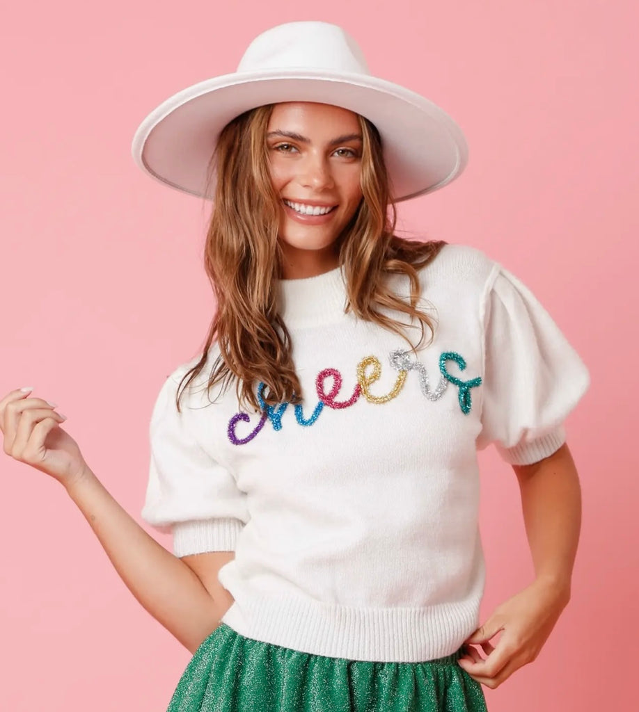Cheers Embroidery White Sweater