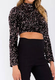 Mock Neck Sequins Crop To