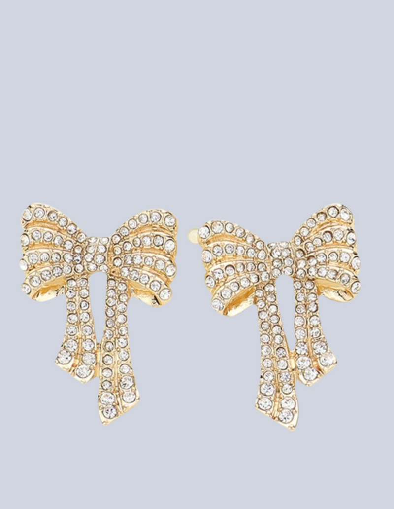 Gold Rhinestone Bow Tie Earrings