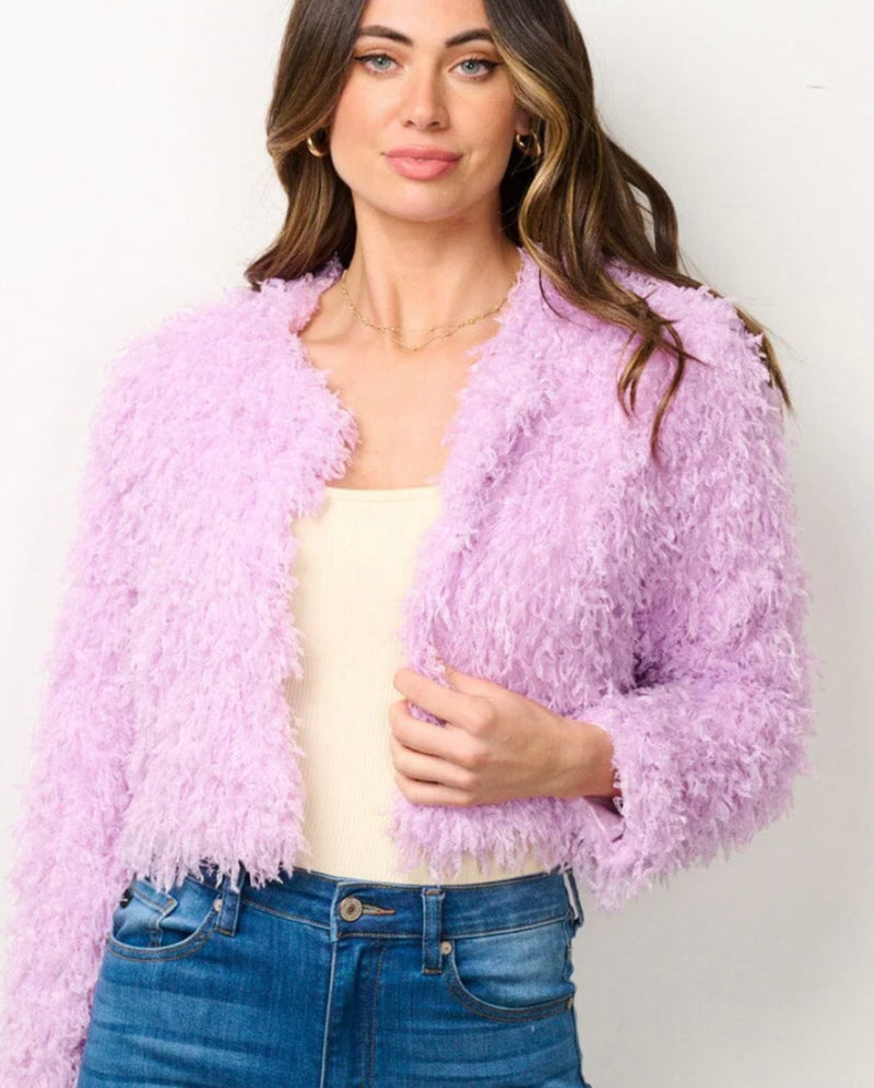 Lavender Fuzzy Open Front Jacket