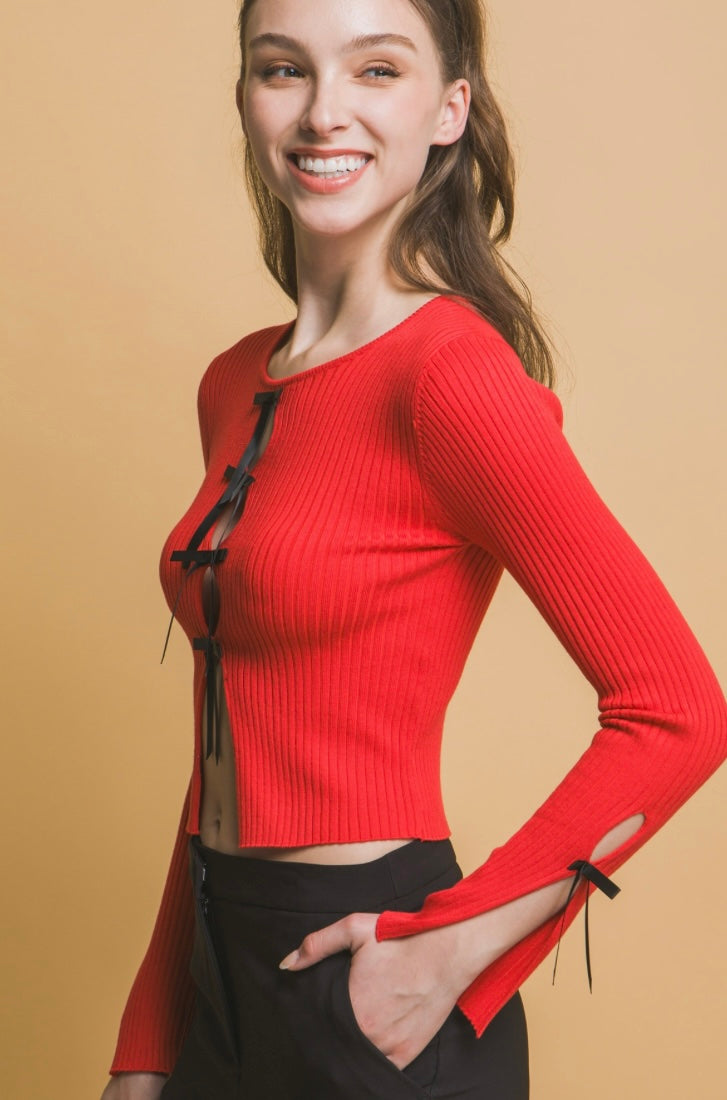 Red Lace Up Bow key Hole Sweater