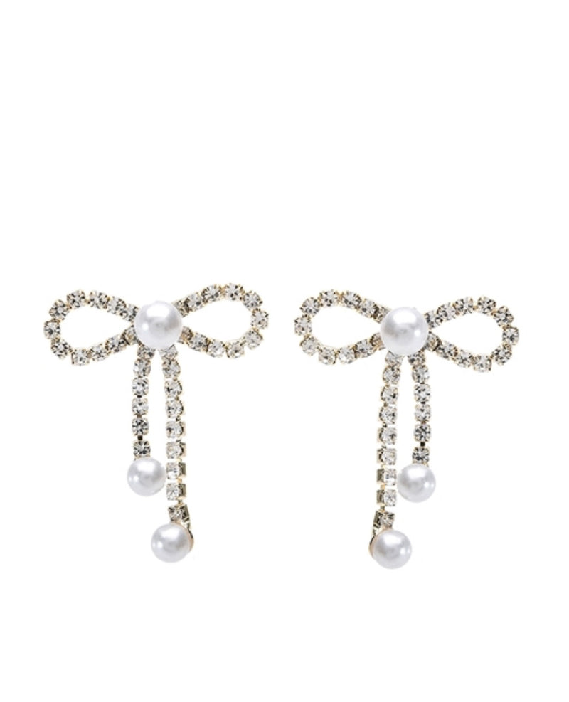 Rhinestone Gold Pearl Bow Earrings