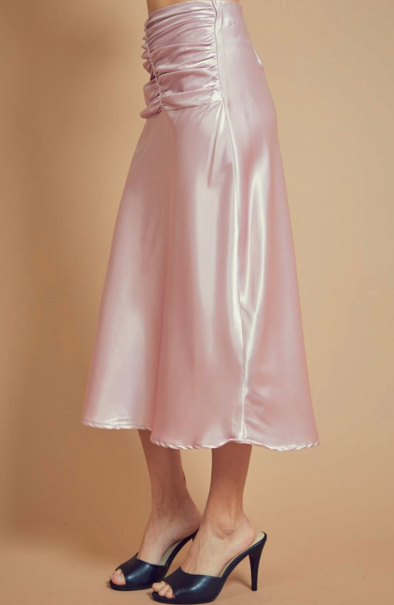 Satin Ruched Midi Skirt