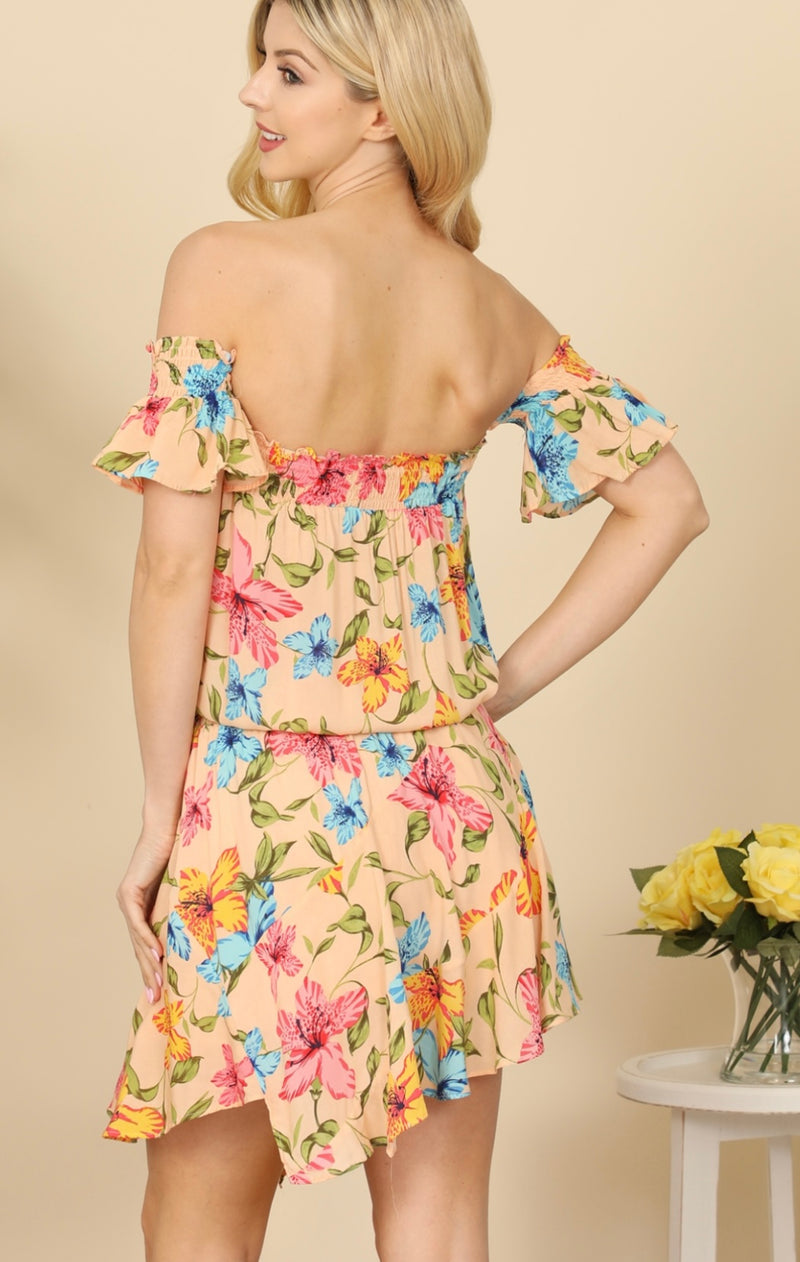 Peach Floral Off Shoulder Dress