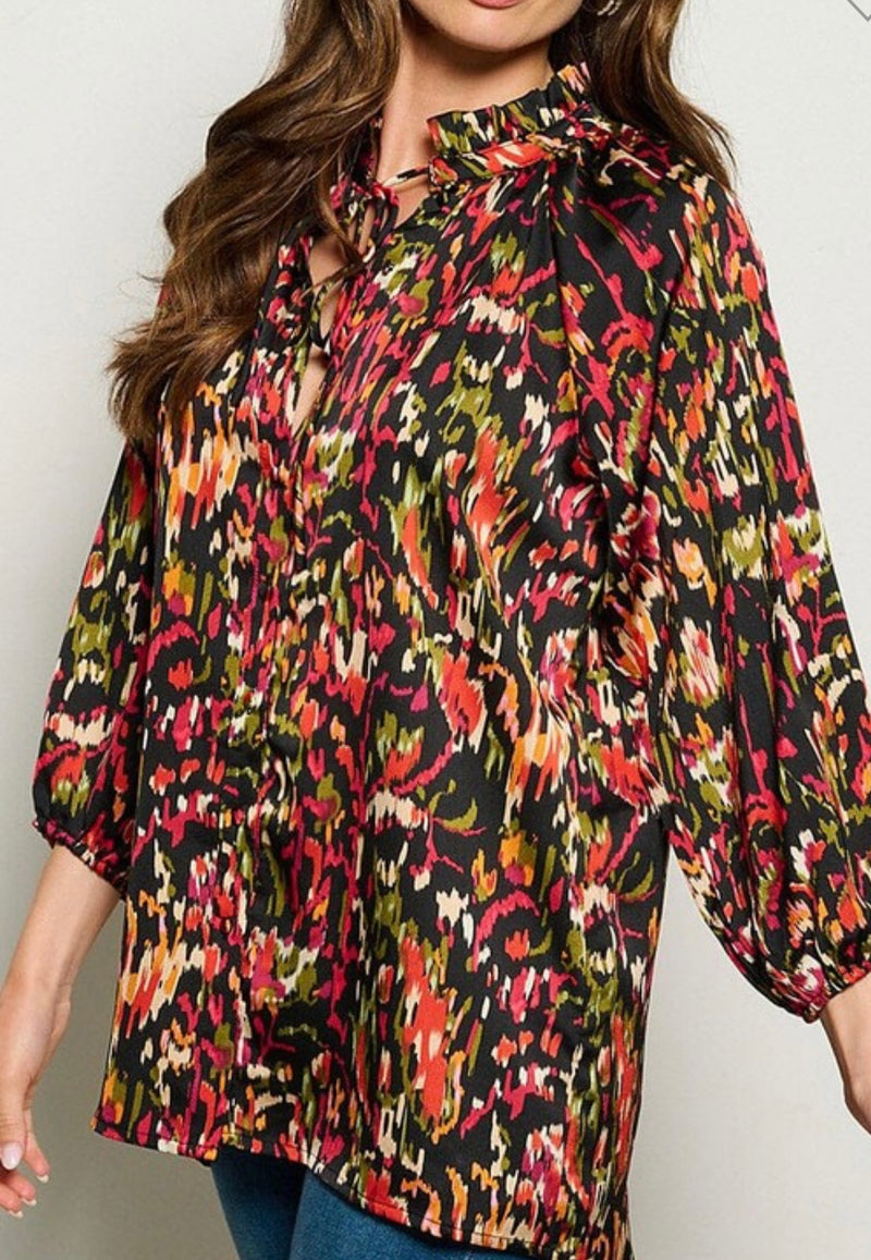 Black Multi Print Tunic Top