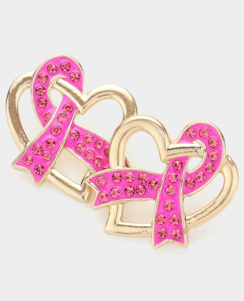 Pink Ribbon Open Heart Gold Earrings