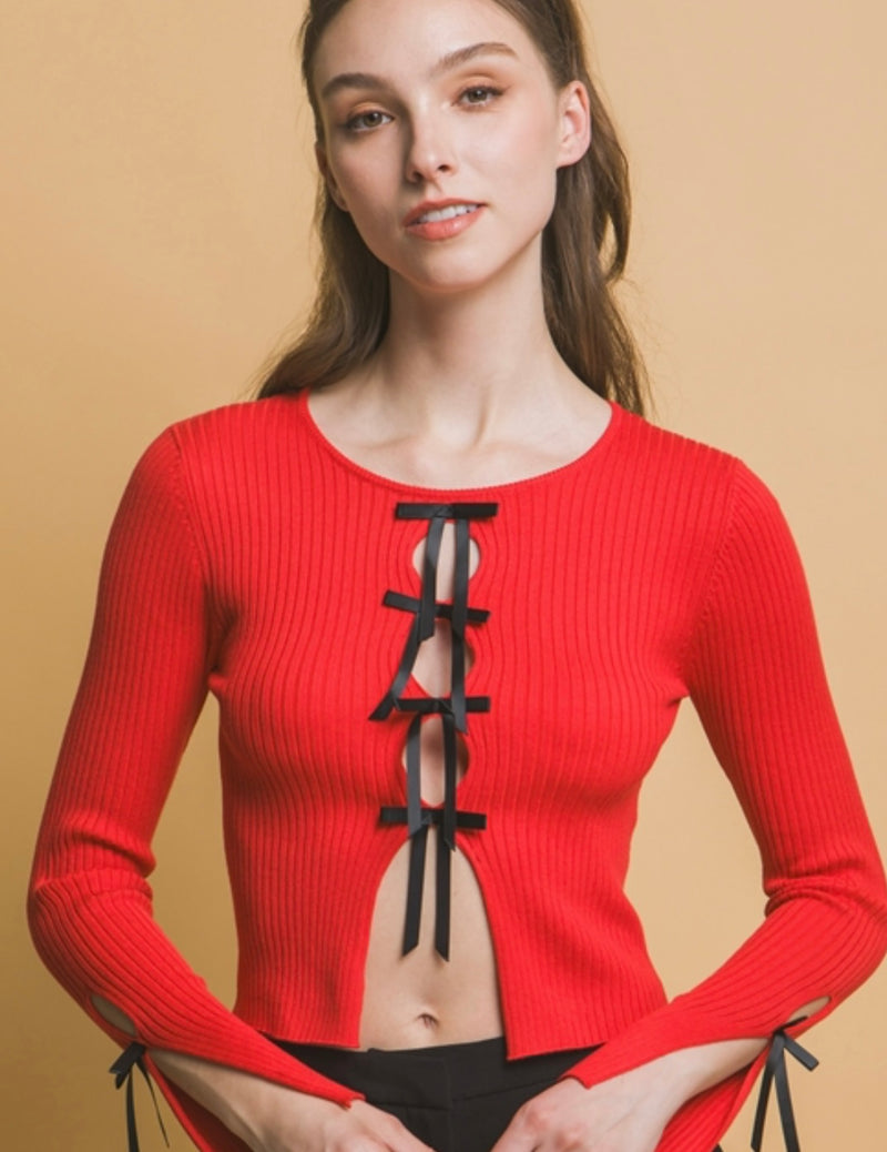 Red Lace Up Bow key Hole Sweater