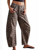 Olive Brown Leopard Barrel Jeans