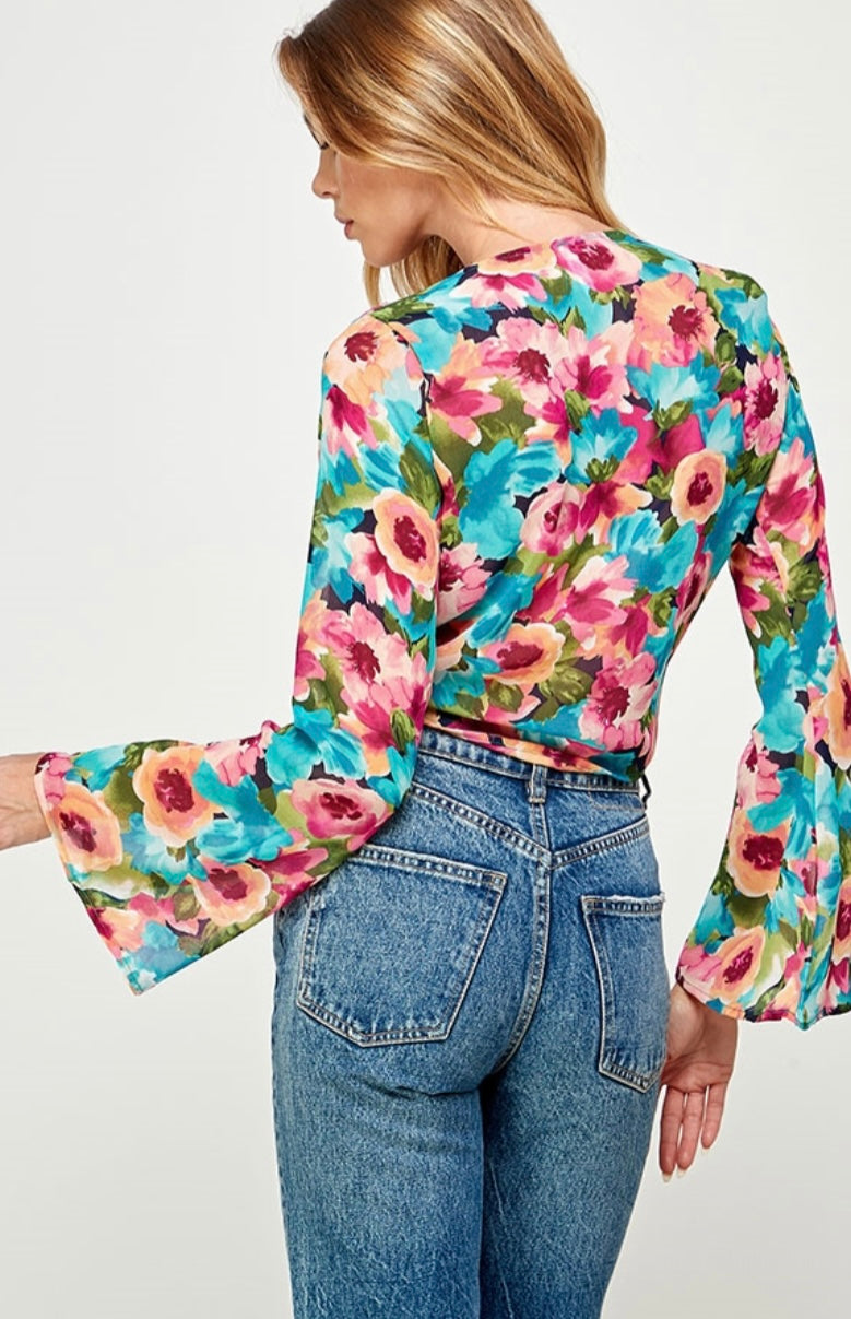 Multi Floral Bell Sleeve Cardigan