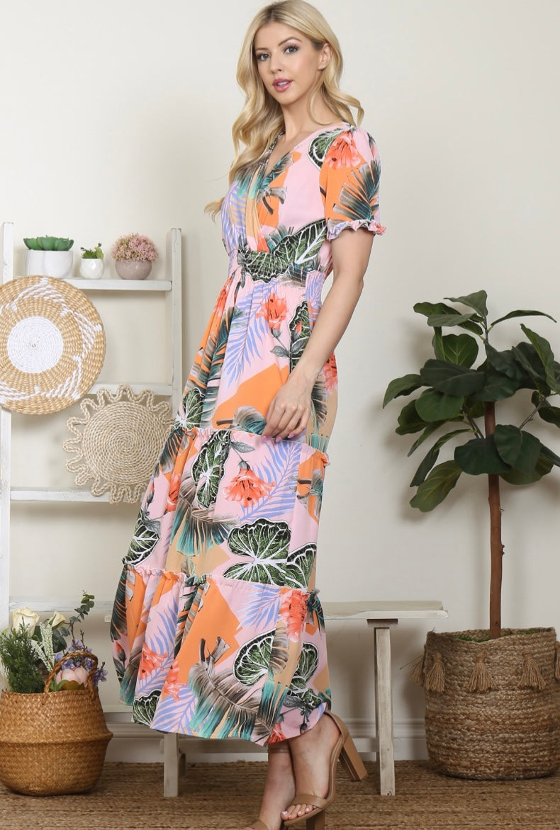 Multi Tropical Tiered Flowing Dress