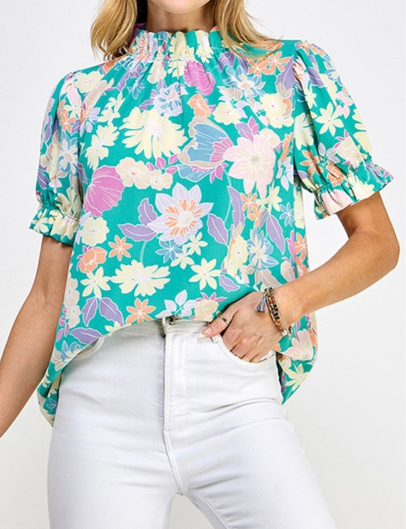 Mint Mock Neck Floral Top