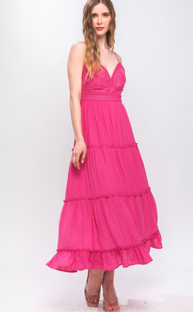 Hot Pink Embroidery Maxi Dress