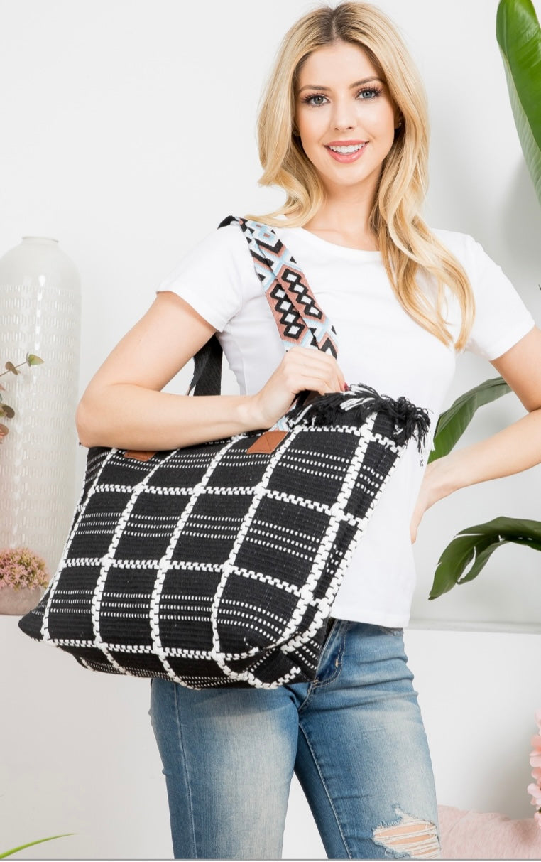 Black and White Guitar Strap Checkered Tote Bag