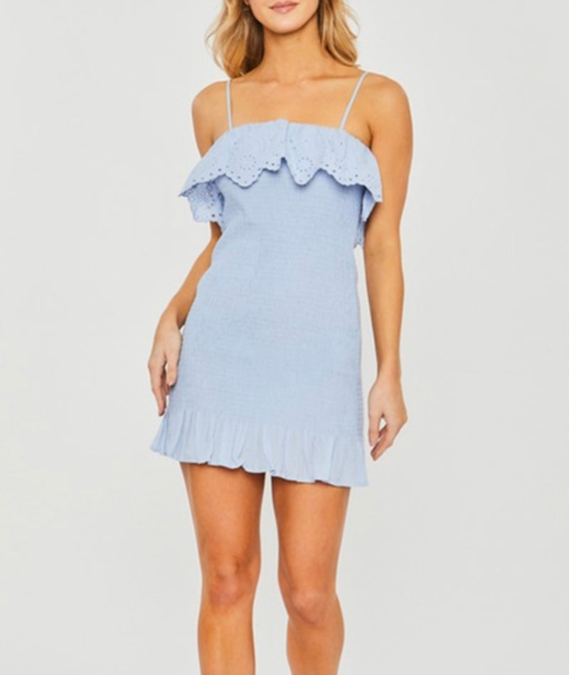 Mini Sky Blue Smocked Ruffle Dress