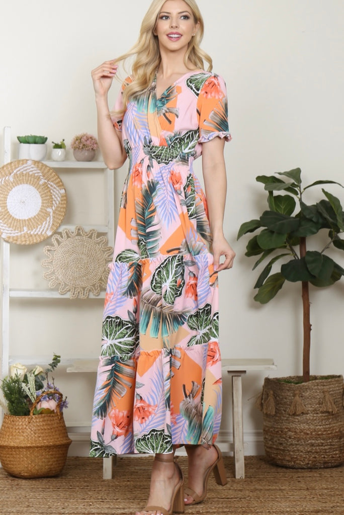 Multi Tropical Tiered Flowing Dress